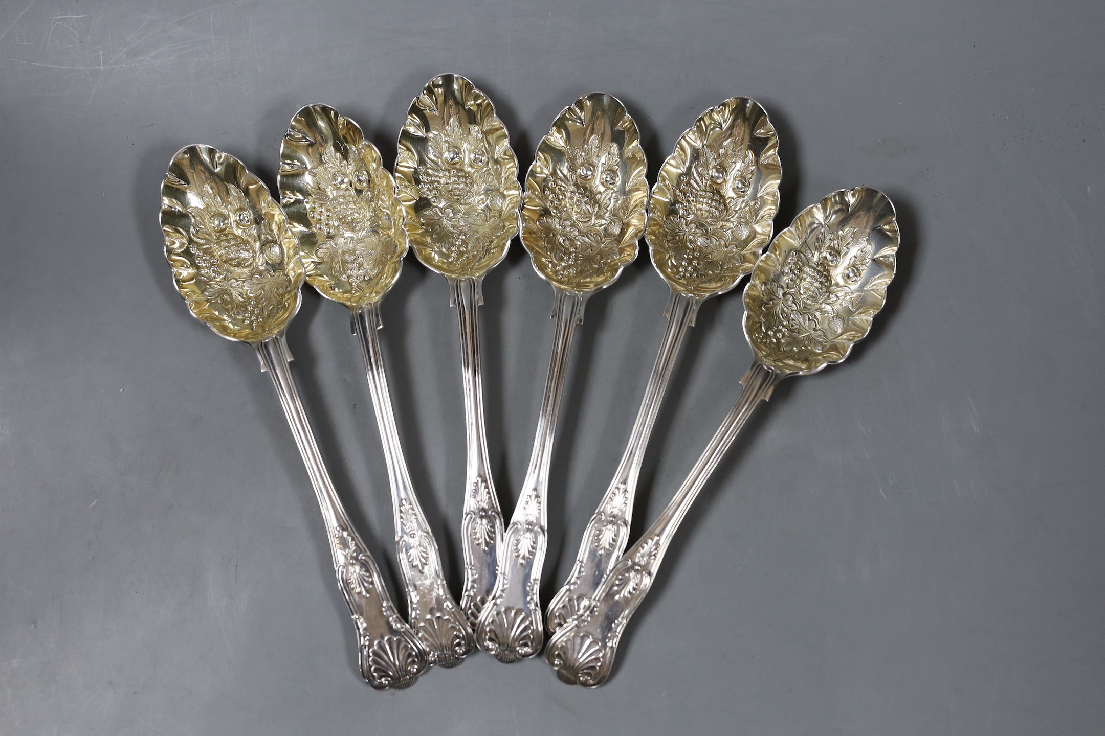 A set of six Edwardian silver King's pattern 'berry' spoons, Walker & Hall, Sheffield, 1904, 22.9cm